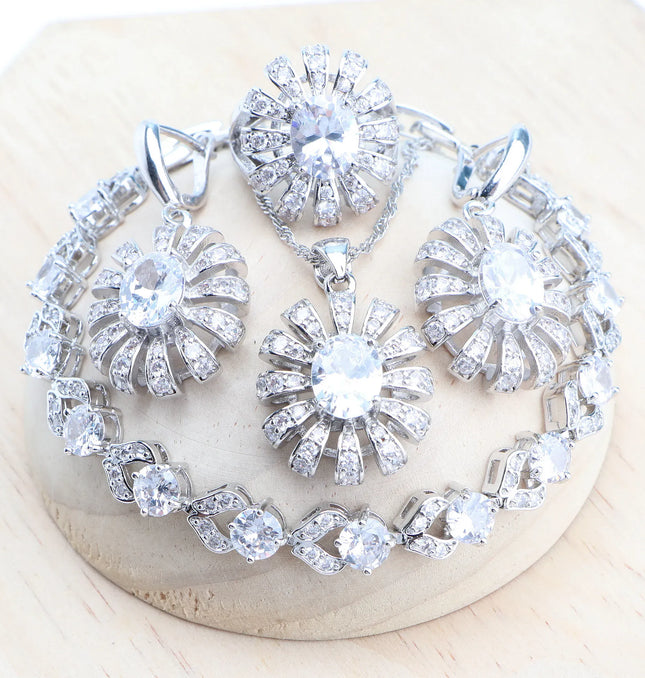 EcoWarra 4PCS-White / 10 Blue Zirconia Women Silver 925 Jewelry Sets Wedding Bridal Costume Jewellery Earrings Rings Stone Bracelets Set Pendant Necklace