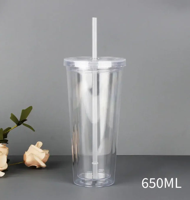 EcoWarra 650ML Clear Tumbler with Straw Reusable Transparent Double-layer Water Bottle for Coffee Milk DIY Smoothie Cup Drinkware