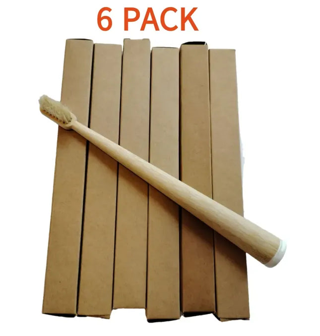 EcoWarra 6PCS 6 Pack Boar Bristle & Bamboo Toothbrush 100% Fully Biodegradable Plastic & Nylon Free Natural Tooth Brushes Oral Care Tool