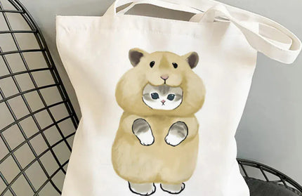 EcoWarra 7 Kawai Cats and Food Creativity Inspired Canvas Bag Casual Shoulder Bag Eco Friendly Little Cat Bag for Shopping Office Travel