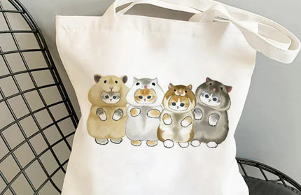 EcoWarra 8 Kawai Cats and Food Creativity Inspired Canvas Bag Casual Shoulder Bag Eco Friendly Little Cat Bag for Shopping Office Travel