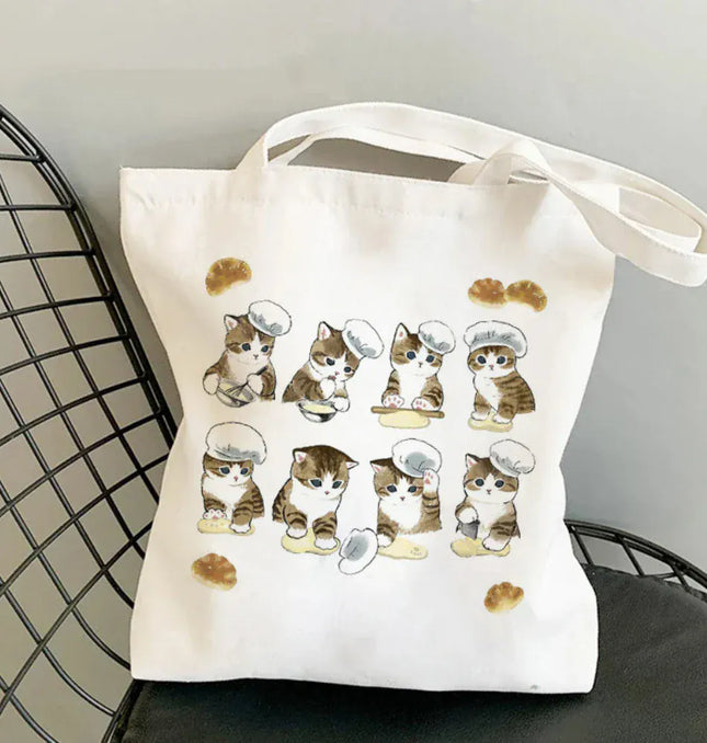 EcoWarra 9 Kawai Cats and Food Creativity Inspired Canvas Bag Casual Shoulder Bag Eco Friendly Little Cat Bag for Shopping Office Travel
