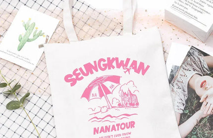 EcoWarra 9 Kpop Nanatour Shoulder Bag Summer Simple White Letter Print Canvas Bag S.Coups Jeonghan Y2k Women's Travel Handbag Eco