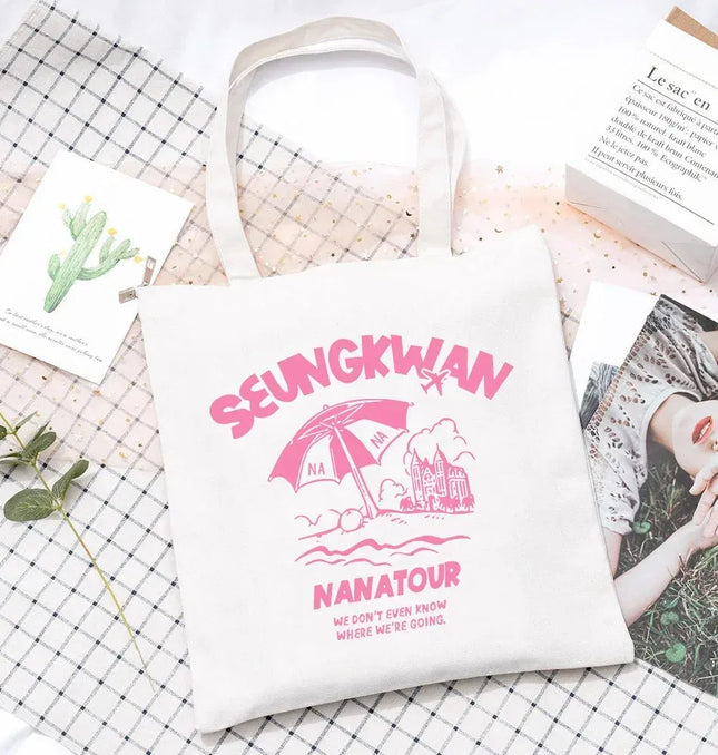 EcoWarra 9 Kpop Nanatour Shoulder Bag Summer Simple White Letter Print Canvas Bag S.Coups Jeonghan Y2k Women's Travel Handbag Eco