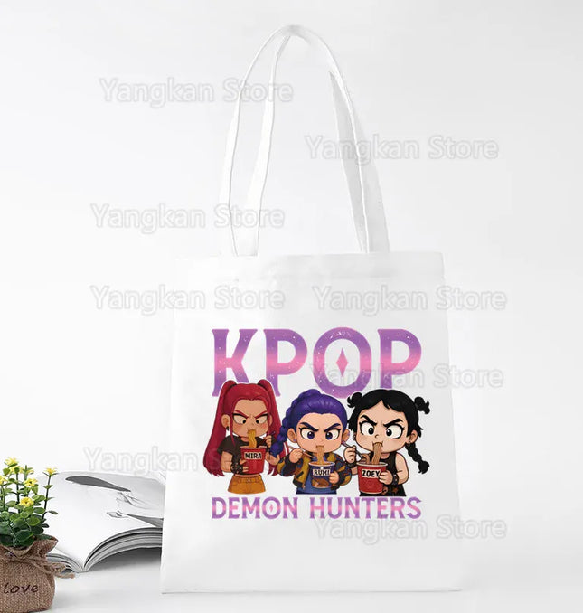 EcoWarra A141-10 Kpop Demon Hunter Canvas Bag Women Girls Simple Large Capacity Demon Hunters Handbag Shoulder Bag Tote Reusable Student Bookbag
