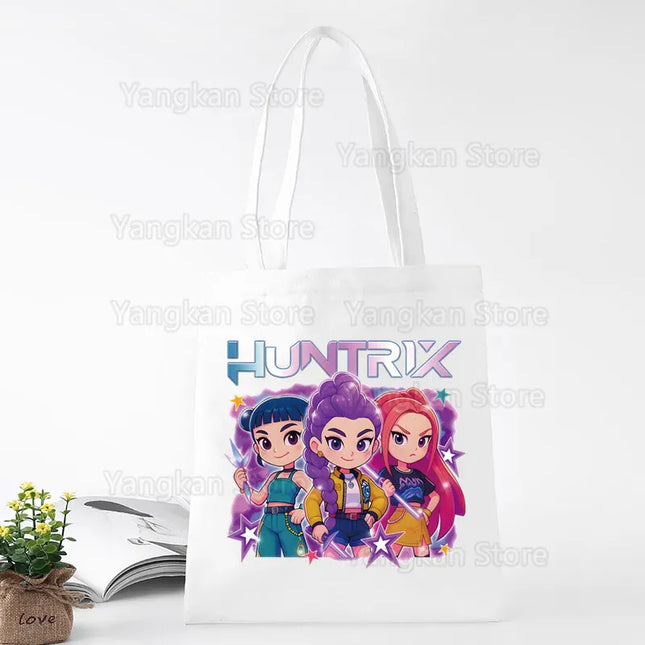 EcoWarra A141-2 Kpop Demon Hunter Canvas Bag Women Girls Simple Large Capacity Demon Hunters Handbag Shoulder Bag Tote Reusable Student Bookbag