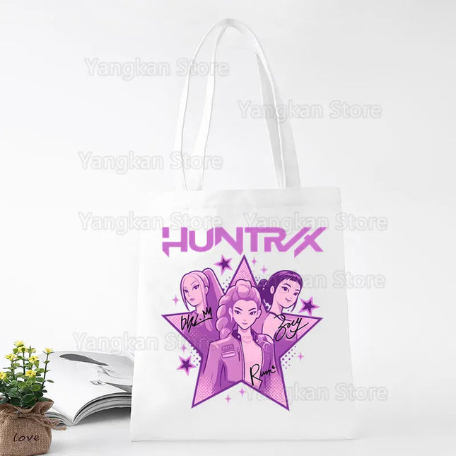 EcoWarra A141-6 Kpop Demon Hunter Canvas Bag Women Girls Simple Large Capacity Demon Hunters Handbag Shoulder Bag Tote Reusable Student Bookbag