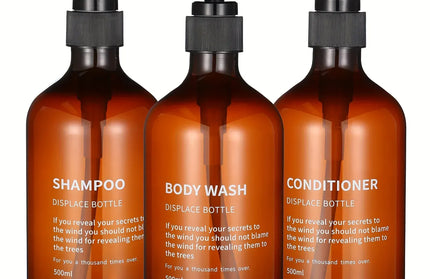 EcoWarra Amber 3pcs Waterproof Shampoo Conditioner Dispenser Set Reusable Pump Bottles for Shower Soap Body Wash Hair Care with Printed Label