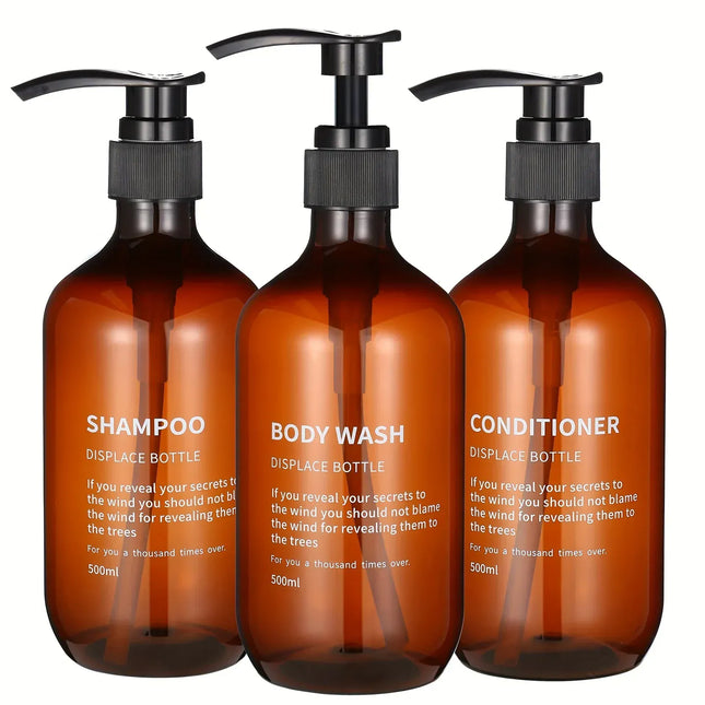 EcoWarra Amber 3pcs Waterproof Shampoo Conditioner Dispenser Set Reusable Pump Bottles for Shower Soap Body Wash Hair Care with Printed Label