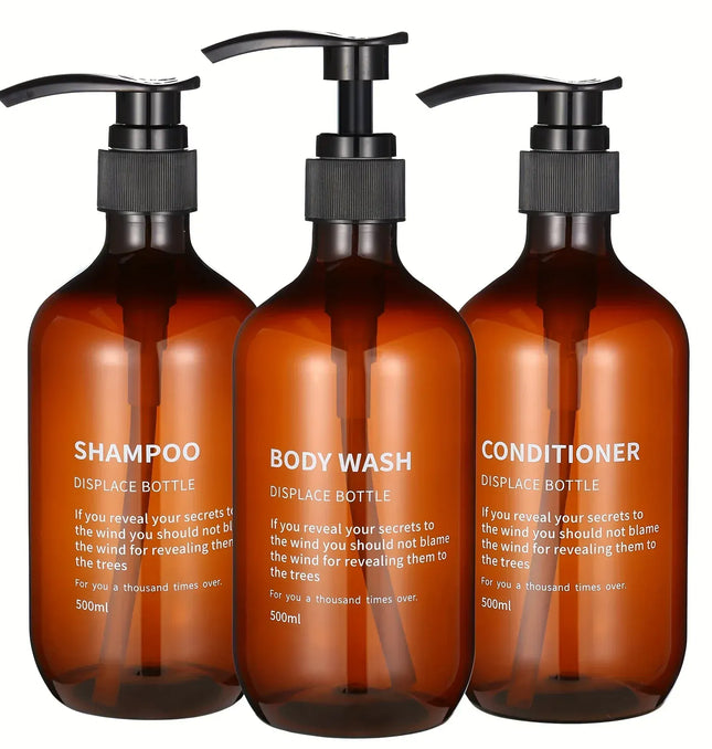 EcoWarra Amber 3pcs Waterproof Shampoo Conditioner Dispenser Set Reusable Pump Bottles for Shower Soap Body Wash Hair Care with Printed Label
