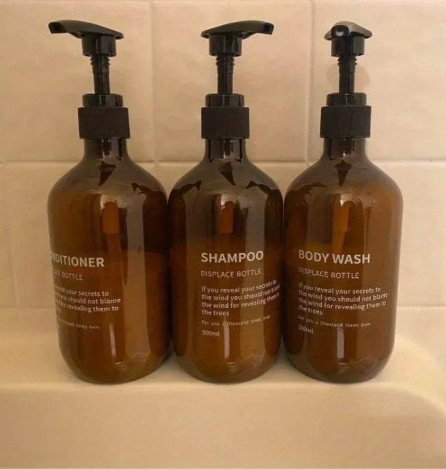 EcoWarra Amber 3pcs Waterproof Shampoo Conditioner Dispenser Set Reusable Pump Bottles for Shower Soap Body Wash Hair Care with Printed Label