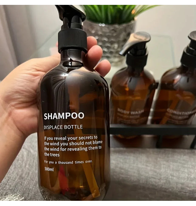 EcoWarra Amber 3pcs Waterproof Shampoo Conditioner Dispenser Set Reusable Pump Bottles for Shower Soap Body Wash Hair Care with Printed Label