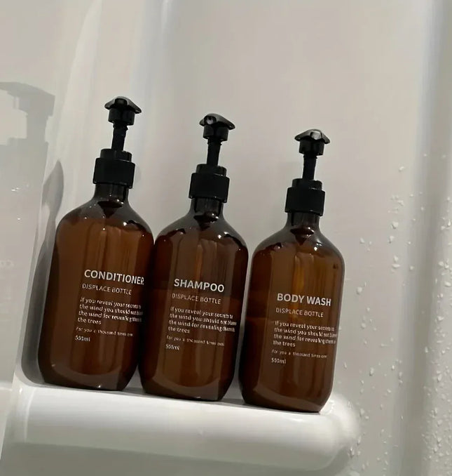 EcoWarra Amber 3pcs Waterproof Shampoo Conditioner Dispenser Set Reusable Pump Bottles for Shower Soap Body Wash Hair Care with Printed Label