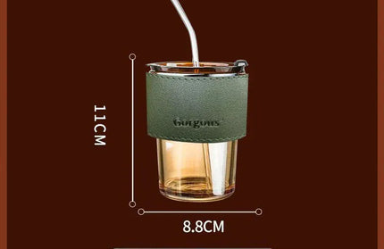 EcoWarra Amber Cup With Green Glass Sipper Cups Reusable Spill-Proof Drinking Cups with Lid Straw for Birthday Party Travel Xmas Juice Mug Water Bottle Cups