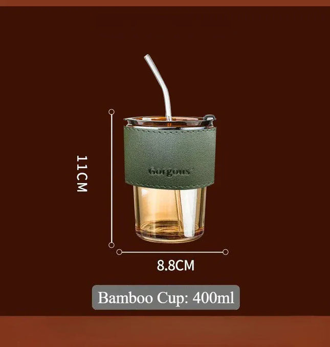 EcoWarra Amber Cup With Green Glass Sipper Cups Reusable Spill-Proof Drinking Cups with Lid Straw for Birthday Party Travel Xmas Juice Mug Water Bottle Cups