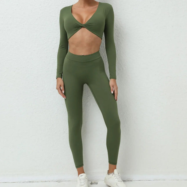 EcoWarra Army Green / L Seamless Yoga Sets Sports Fitness High Waist Hip-lifting Trousers Nude Feel Long-Sleeved Suit Workout Gym Leggings Set for Women