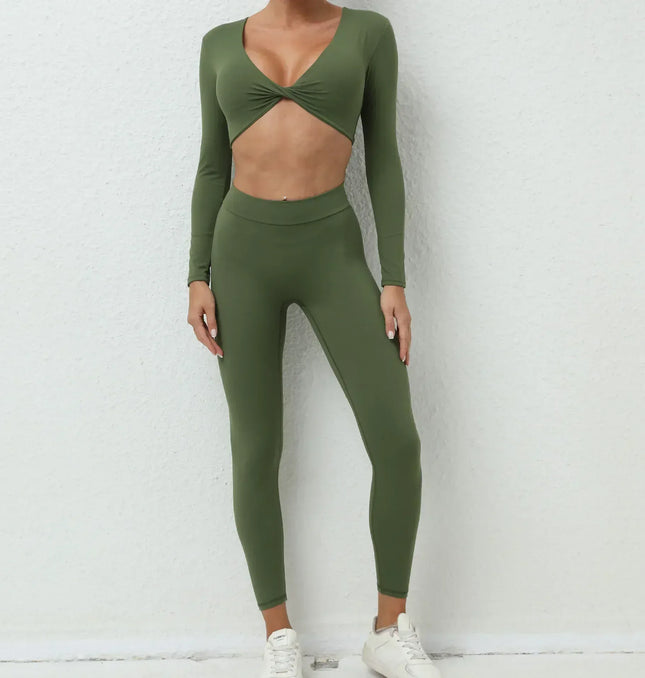 EcoWarra Army Green / L Seamless Yoga Sets Sports Fitness High Waist Hip-lifting Trousers Nude Feel Long-Sleeved Suit Workout Gym Leggings Set for Women