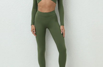 EcoWarra Army Green / S Seamless Yoga Sets Sports Fitness High Waist Hip-lifting Trousers Nude Feel Long-Sleeved Suit Workout Gym Leggings Set for Women