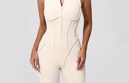 EcoWarra beige 4 / S Seamless Yoga Jumpsuits Sports Fitness Zipper Hip-lifting Short-sleeved Backless Dance Workout Gym Shorts Bodysuits for Women