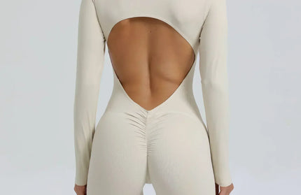 EcoWarra Beige / S Seamless Yoga Zipper Jumpsuits Sports Fitness Beauty Back Hip-Lifting Long-Sleeved One-Piece Workout Gym Bodysuits for Women