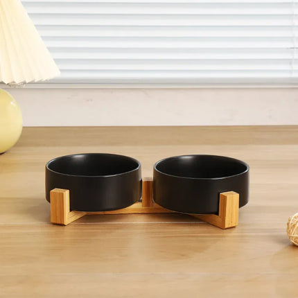 EcoWarra black / 11cm Ceramic Pet Bowl Dish With Wood Stand No Spill Pet Ceramic Double Bowl For Dog Cat Food Water Feeder Cats Small Dogs Pet bowl