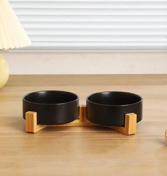 EcoWarra black / 11cm Ceramic Pet Bowl Dish With Wood Stand No Spill Pet Ceramic Double Bowl For Dog Cat Food Water Feeder Cats Small Dogs Pet bowl
