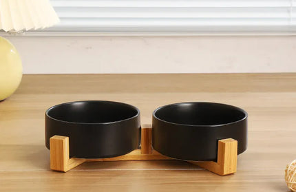 EcoWarra black / 13cm Ceramic Pet Bowl Dish With Wood Stand No Spill Pet Ceramic Double Bowl For Dog Cat Food Water Feeder Cats Small Dogs Pet bowl