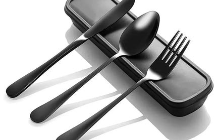 EcoWarra Black 1set Stainless Steel Travel Cutlery With Knives Fork Spoon Portable & Environmentally Friendly Kitchen Tableware Picnic Camping