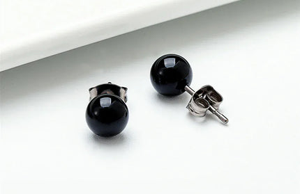 EcoWarra Black Agate Stone Stud Earrings for Women Mens Medical G23 Titanium Piercing Jewelry Simple Round Onyx Ball Ear Lobe Accessories