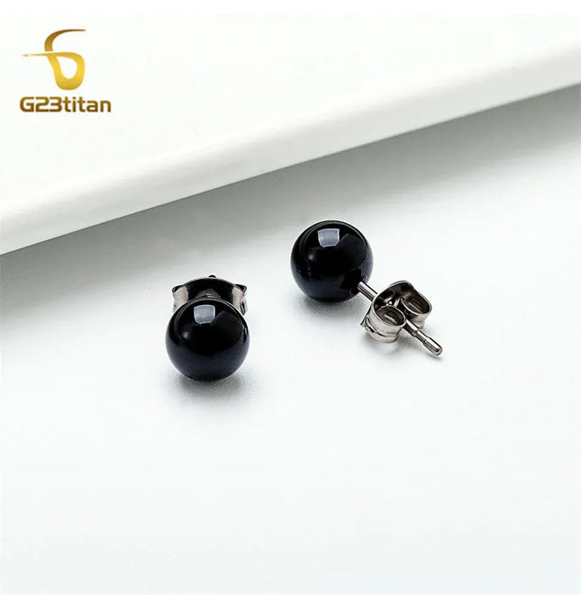EcoWarra Black Agate Stone Stud Earrings for Women Mens Medical G23 Titanium Piercing Jewelry Simple Round Onyx Ball Ear Lobe Accessories