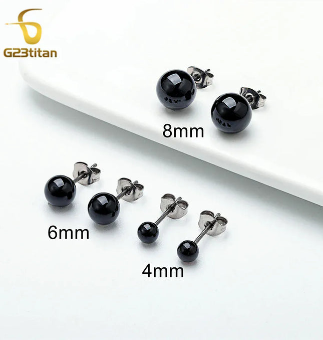 EcoWarra Black Agate Stone Stud Earrings for Women Mens Medical G23 Titanium Piercing Jewelry Simple Round Onyx Ball Ear Lobe Accessories
