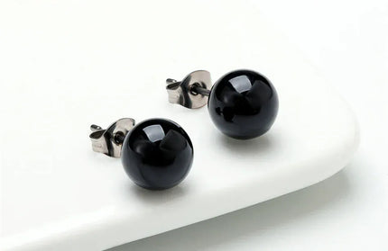 EcoWarra Black Agate Stone Stud Earrings for Women Mens Medical G23 Titanium Piercing Jewelry Simple Round Onyx Ball Ear Lobe Accessories