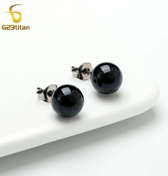 EcoWarra Black Agate Stone Stud Earrings for Women Mens Medical G23 Titanium Piercing Jewelry Simple Round Onyx Ball Ear Lobe Accessories