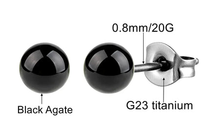 EcoWarra Black Agate Stone Stud Earrings for Women Mens Medical G23 Titanium Piercing Jewelry Simple Round Onyx Ball Ear Lobe Accessories