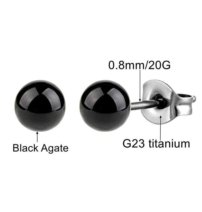 EcoWarra Black Agate Stone Stud Earrings for Women Mens Medical G23 Titanium Piercing Jewelry Simple Round Onyx Ball Ear Lobe Accessories