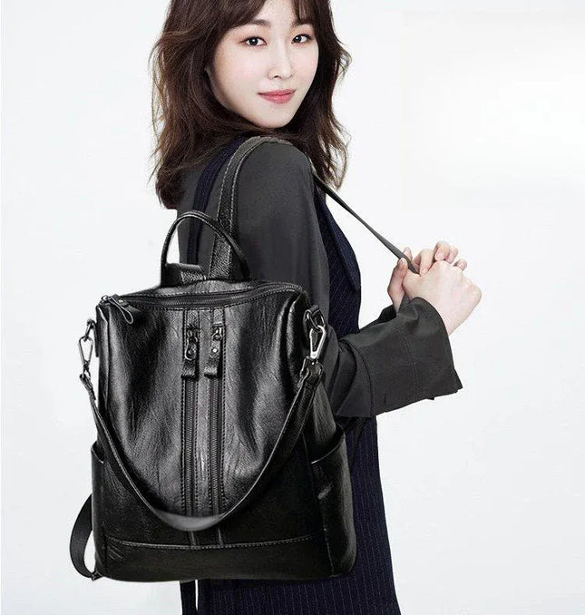 EcoWarra black Women Soft Leather Backpack School Black Casual Multifunctional College Bag Large Capacity Shoulder Bags Travel Tote Backpack
