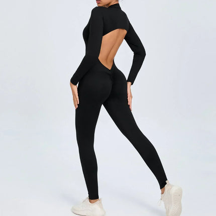 EcoWarra Black2 / L Seamless Yoga Zipper Jumpsuits Sports Fitness Beauty Back Hip-Lifting Long-Sleeved One-Piece Workout Gym Bodysuits for Women