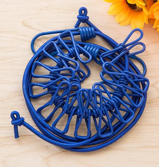 EcoWarra Blue Durable Clothesline Portable Lightweight Windproof Non-Slip 12 Clips Elastic Laundry Drying Outdoor Camping Travel RV Beach Dorm