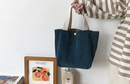 EcoWarra Blue Small Corduroy Lunch Bag For Women 2024 Eco Canvas Portable Tote Bags Mini Female Students Bento Picnic Food Bag Travel Handbags