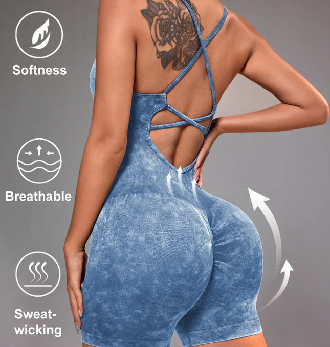 EcoWarra Blue tie dye / M 15 Color One Piece Jumpsuit Shorts Elasticity Bodysuit Yoga Sports Workout Gym Set Women Clothes Sportswear Fitness Overalls