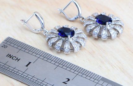EcoWarra Blue Zirconia Women Silver 925 Jewelry Sets Wedding Bridal Costume Jewellery Earrings Rings Stone Bracelets Set Pendant Necklace