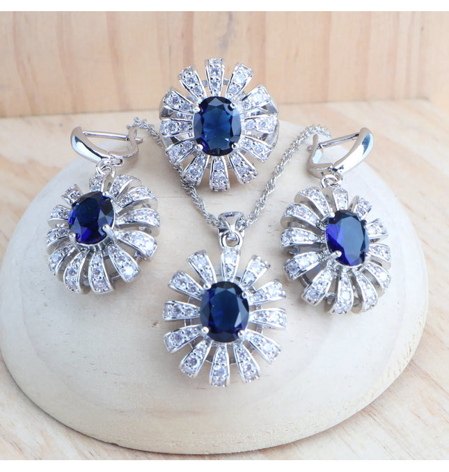 EcoWarra Blue Zirconia Women Silver 925 Jewelry Sets Wedding Bridal Costume Jewellery Earrings Rings Stone Bracelets Set Pendant Necklace