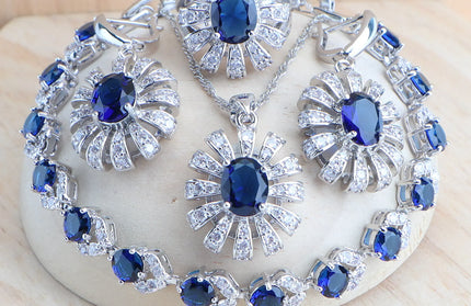 EcoWarra Blue Zirconia Women Silver 925 Jewelry Sets Wedding Bridal Costume Jewellery Earrings Rings Stone Bracelets Set Pendant Necklace