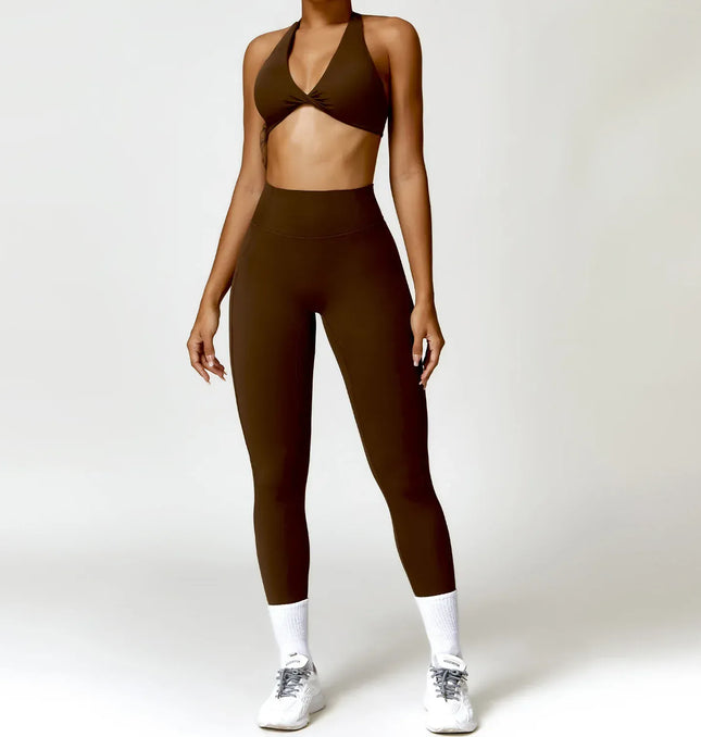 EcoWarra Brown set / M(10) 2PCS Yoga Set Nude Feeling Workout Sets Women Tracksuit Gym Push Up Fitness Running Workout Sportwear Sport Bra Leggings Suit