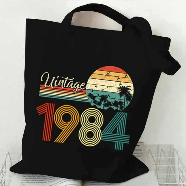 EcoWarra Brown Vintage 1984 Tote Bag Vintage 1980~1989 Tote Bags Canvas Shoulder Bags Reusable Foldable Large Capacity Shopping Bag