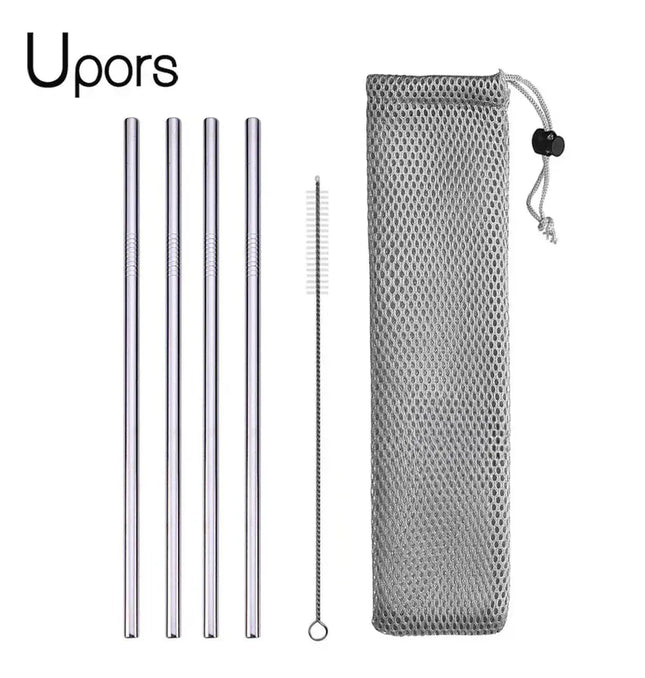 EcoWarra C with bag UPORS Reusable Drinking Straw 304 Stainless Steel Straws Straight Bent Metal Straw with Cleaner Brush Pouch Wholesale