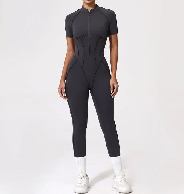 EcoWarra carbon gray 3 / L Seamless Yoga Jumpsuits Sports Fitness Zipper Hip-lifting Short-sleeved Backless Dance Workout Gym Shorts Bodysuits for Women