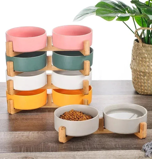 EcoWarra Ceramic Pet Bowl Dish With Wood Stand No Spill Pet Ceramic Double Bowl For Dog Cat Food Water Feeder Cats Small Dogs Pet bowl