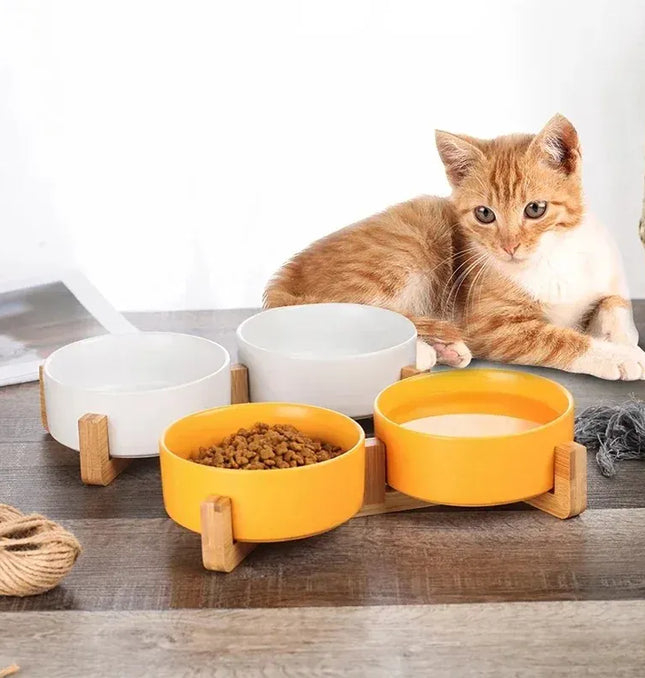 EcoWarra Ceramic Pet Bowl Dish With Wood Stand No Spill Pet Ceramic Double Bowl For Dog Cat Food Water Feeder Cats Small Dogs Pet bowl