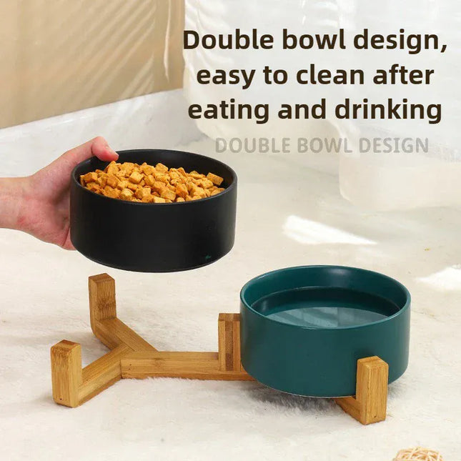 EcoWarra Ceramic Pet Bowl Dish With Wood Stand No Spill Pet Ceramic Double Bowl For Dog Cat Food Water Feeder Cats Small Dogs Pet bowl